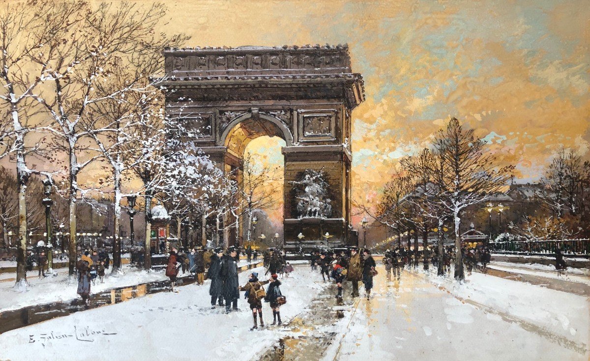 Galien Laloue Painting 20th Paris Animation Champs Elysées Place De l'Etoile Gouache Signed ​​​​​​​certificat-photo-2