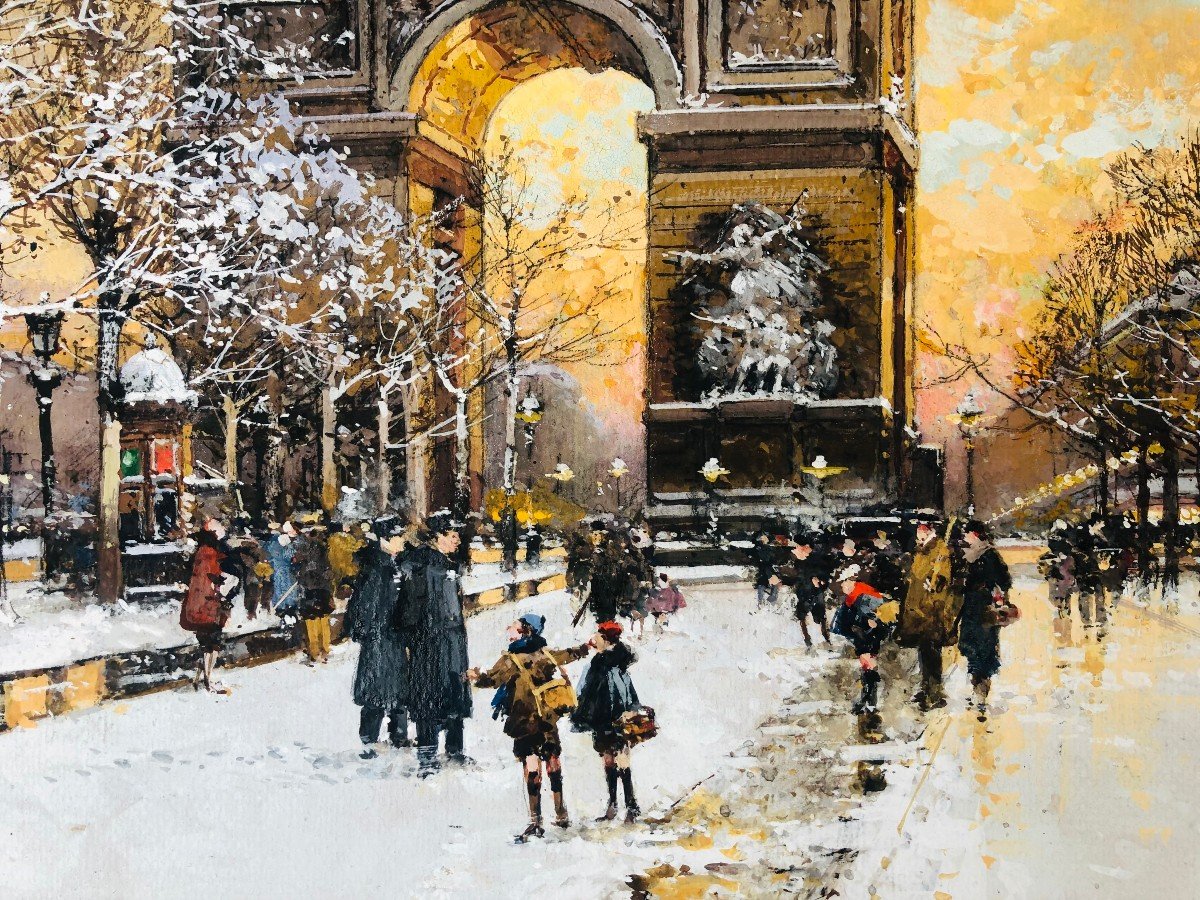 Galien Laloue Painting 20th Paris Animation Champs Elysées Place De l'Etoile Gouache Signed ​​​​​​​certificat-photo-1