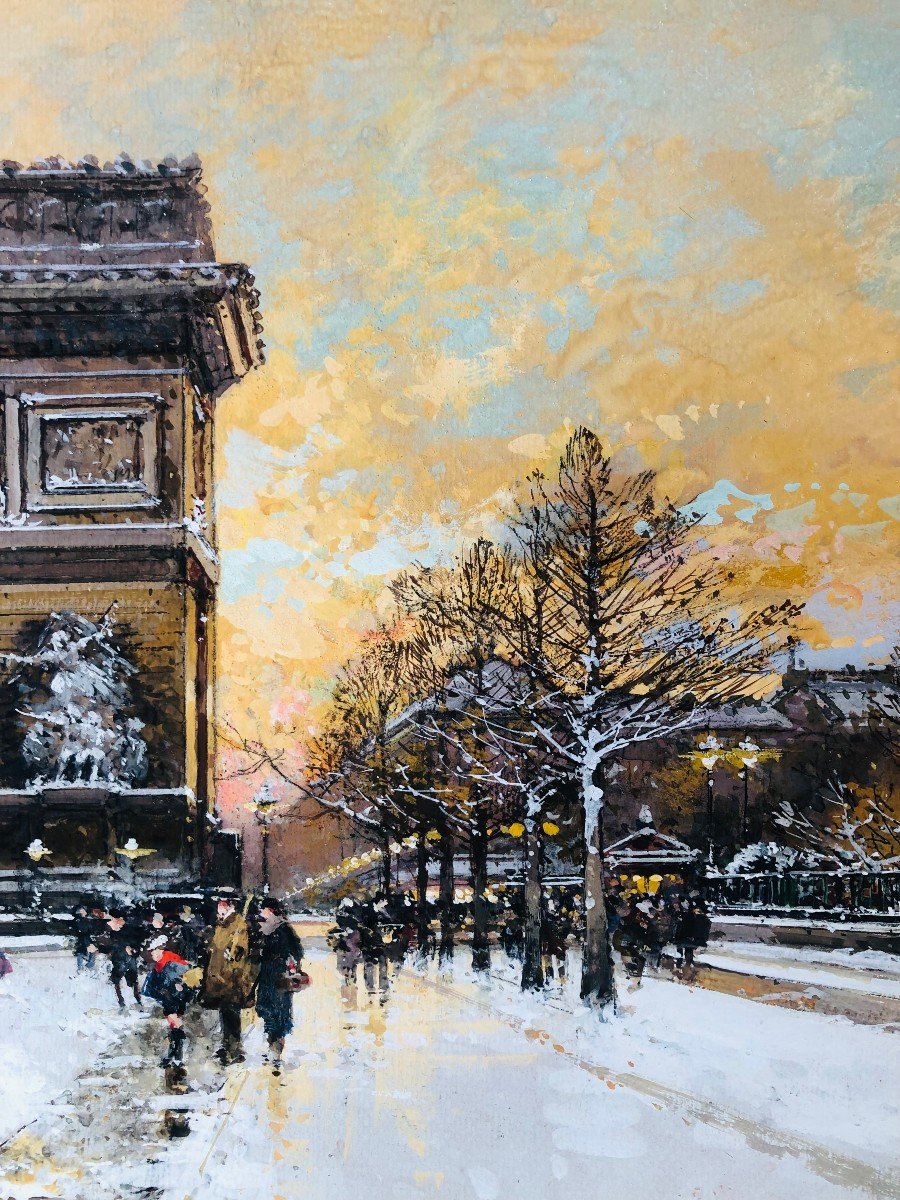 Galien Laloue Painting 20th Paris Animation Champs Elysées Place De l'Etoile Gouache Signed ​​​​​​​certificat-photo-2