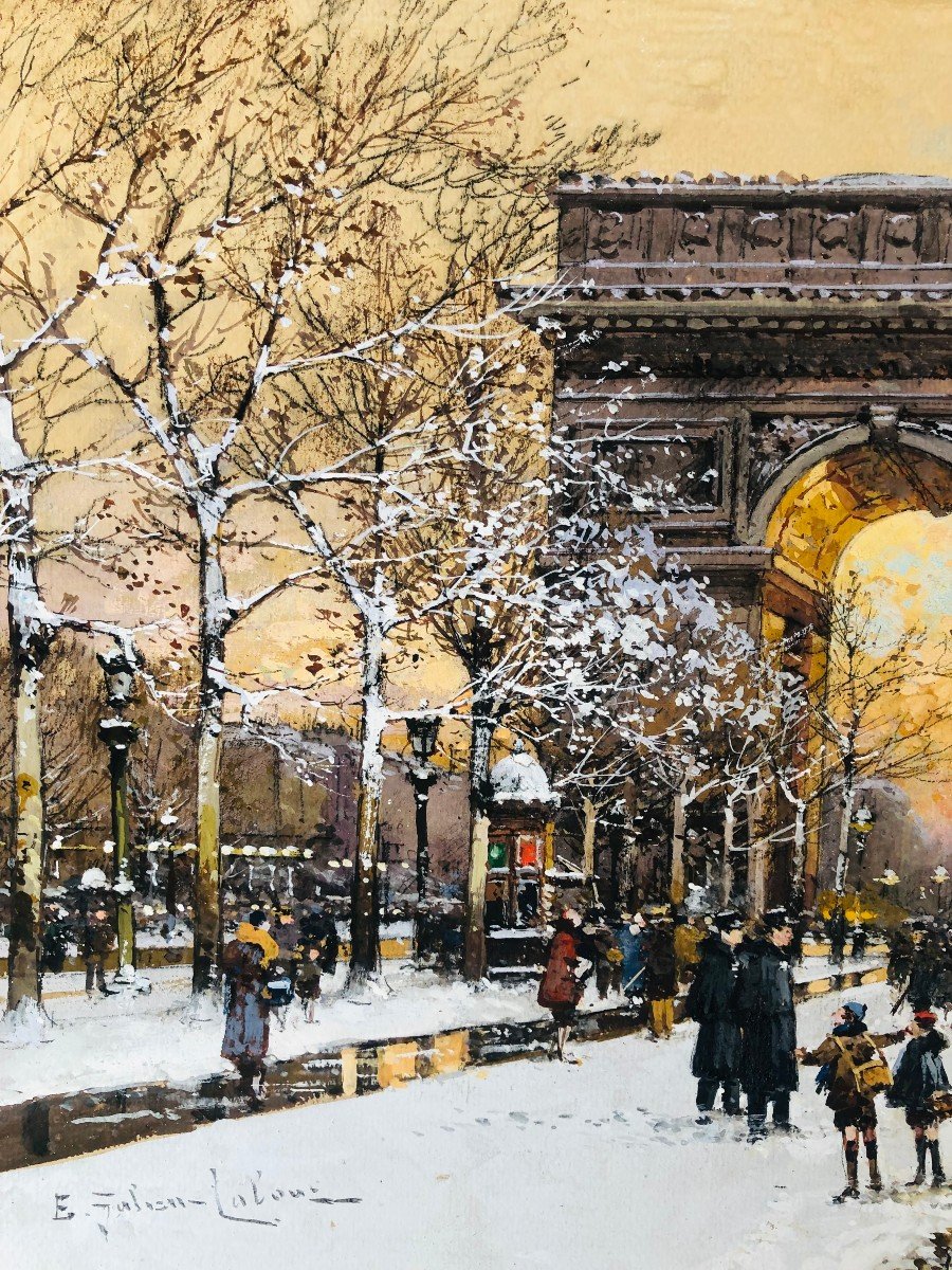 Galien Laloue Tableau 20è Paris Animation Champs Elysées Place De L’etoile Gouache Signée ​​​​​​​Certificat-photo-4