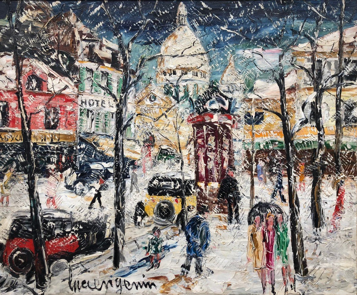 Genin Lucien Paris Montmartre Place Du Tertre In Winter Oil On Canvas Signed ​​​​​​​certificat-photo-2