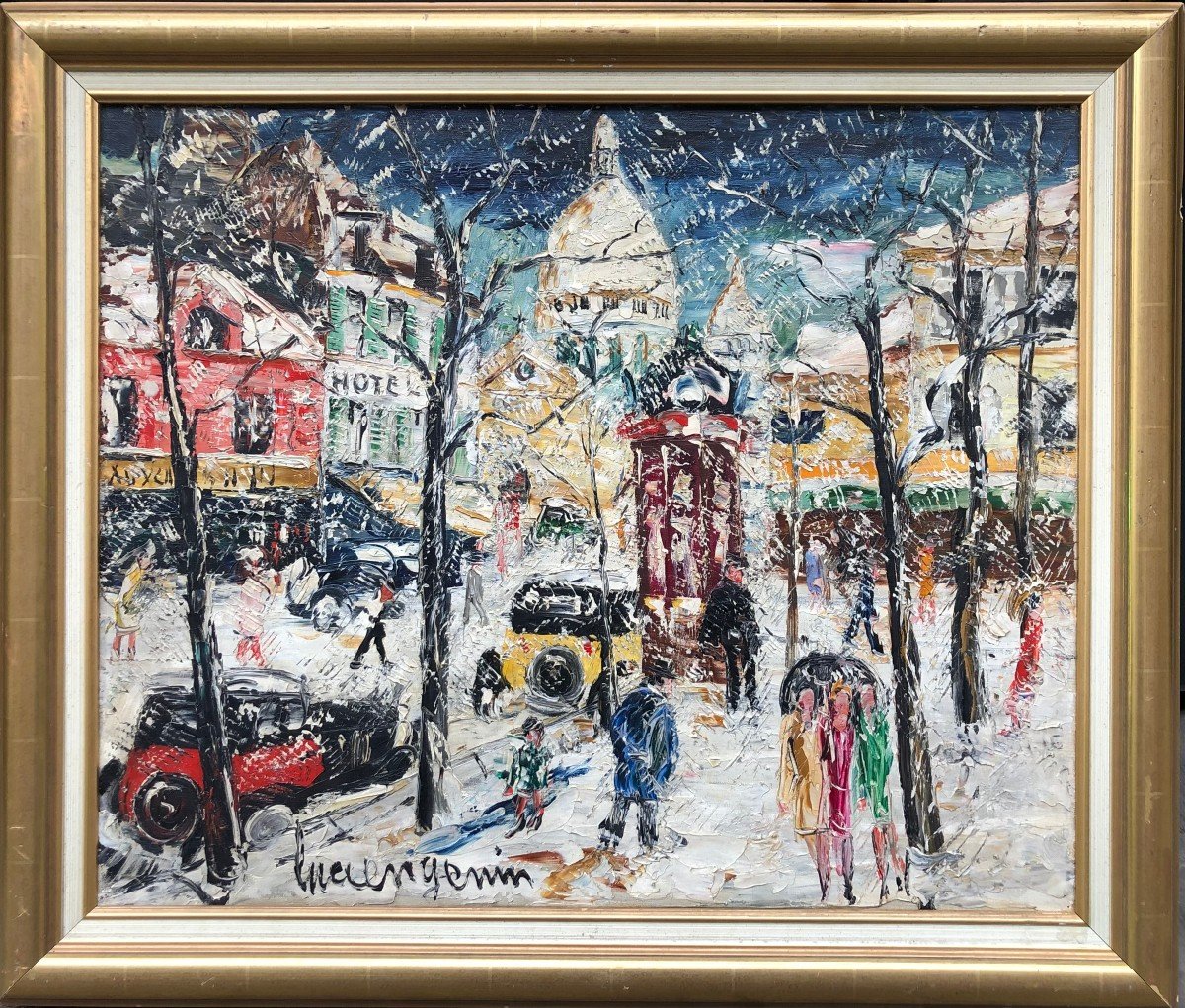 Genin Lucien Paris Montmartre Place Du Tertre In Winter Oil On Canvas Signed ​​​​​​​certificat