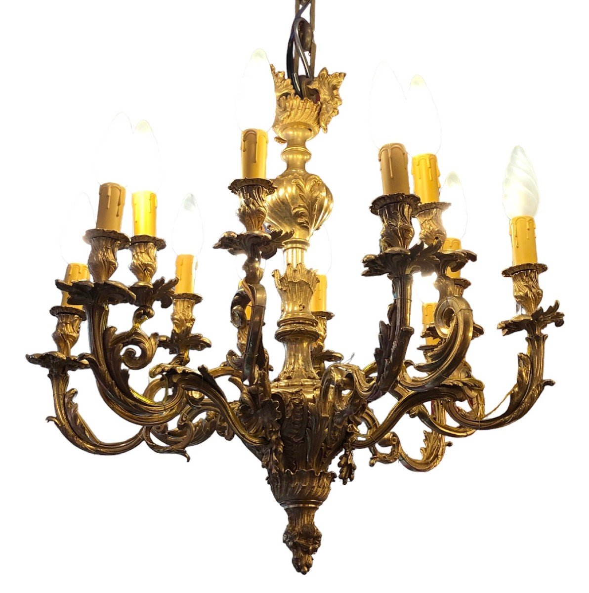 Rocaille Chandelier Louis XV Style Napoleon III Suspension 19th Century Gilt Bronze 12 Lights-photo-2