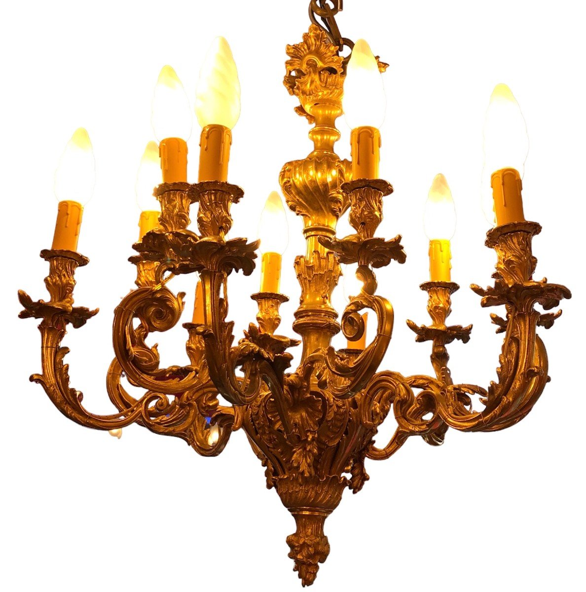 Rocaille Chandelier Louis XV Style Napoleon III Suspension 19th Century Gilt Bronze 12 Lights-photo-4