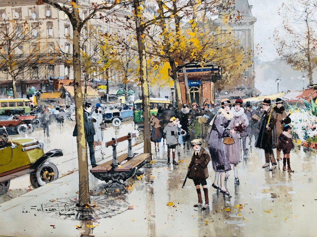 Galien Laloue Painting 20th Paris The Flower Market Of La Madeleine Watercolor Gouache Signed-photo-3