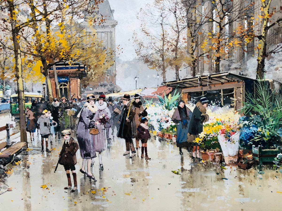 Galien Laloue Peinture 20è Paris Le Marché Aux Fleurs De La Madeleine Gouache Aquarellée Signée-photo-4