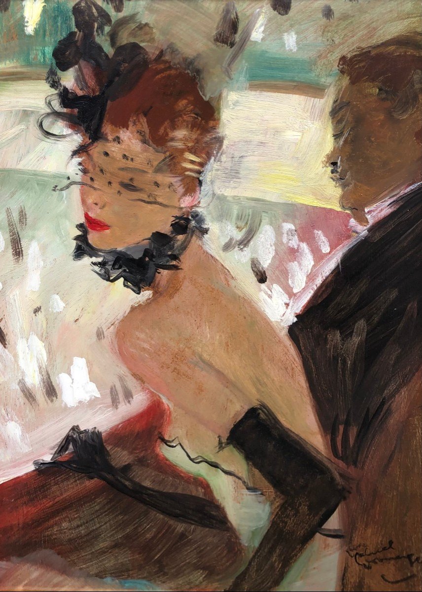 Domergue Jean Gabriel French Painting 20th Century La Loge Oil On Panel Signed Certificate-photo-3