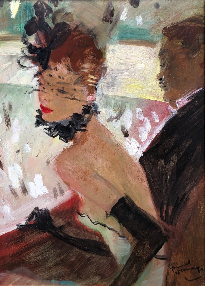 Domergue Jean Gabriel French Painting 20th Century La Loge Oil On Panel Signed Certificate-photo-1