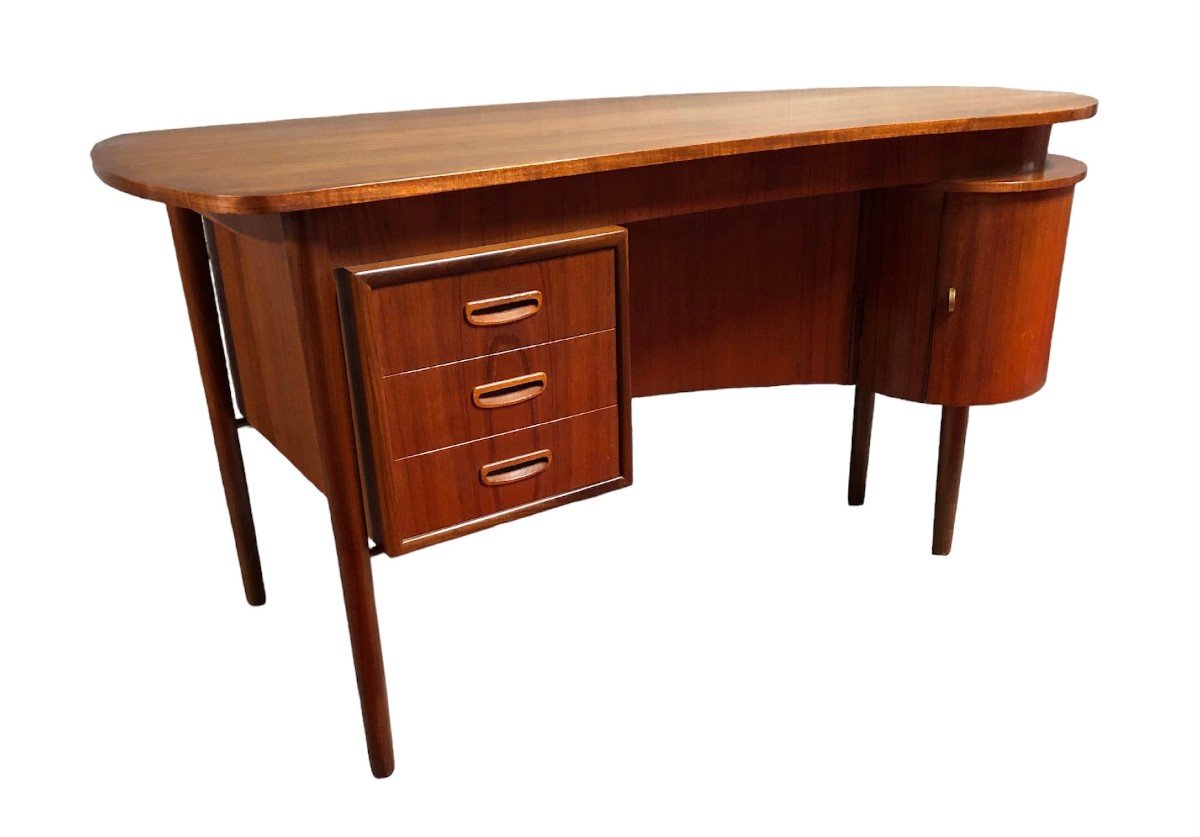 Bureau Scandinave Double Face En Teck à Corps Demi-lune Des Années 1960-photo-7