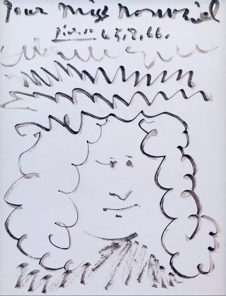 Picasso Pablo Self-portrait Felt Drawing Signed Dedicated To Miss Navel Dated 5.8.66 Certificate-photo-4