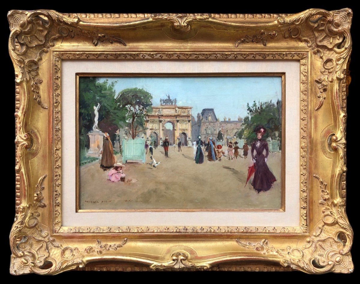 Stein Georges Paris Animation At The Arc De Triomphe From The Carrousel Du Louvre Oil On Canvas Signed-photo-3