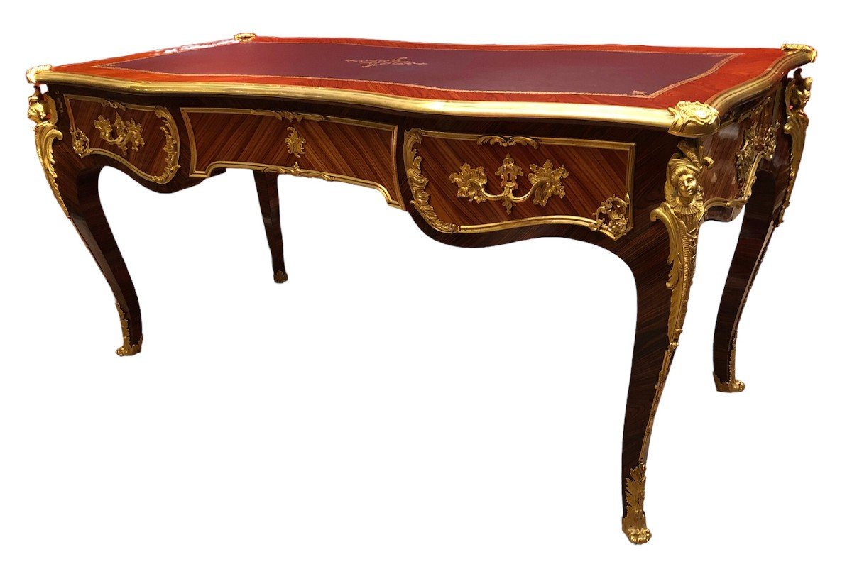 Bureau Plat Signé Dissidi De Style Louis XV Placage De Bois De Rose Bois De Violette 3 Tiroirs-photo-2