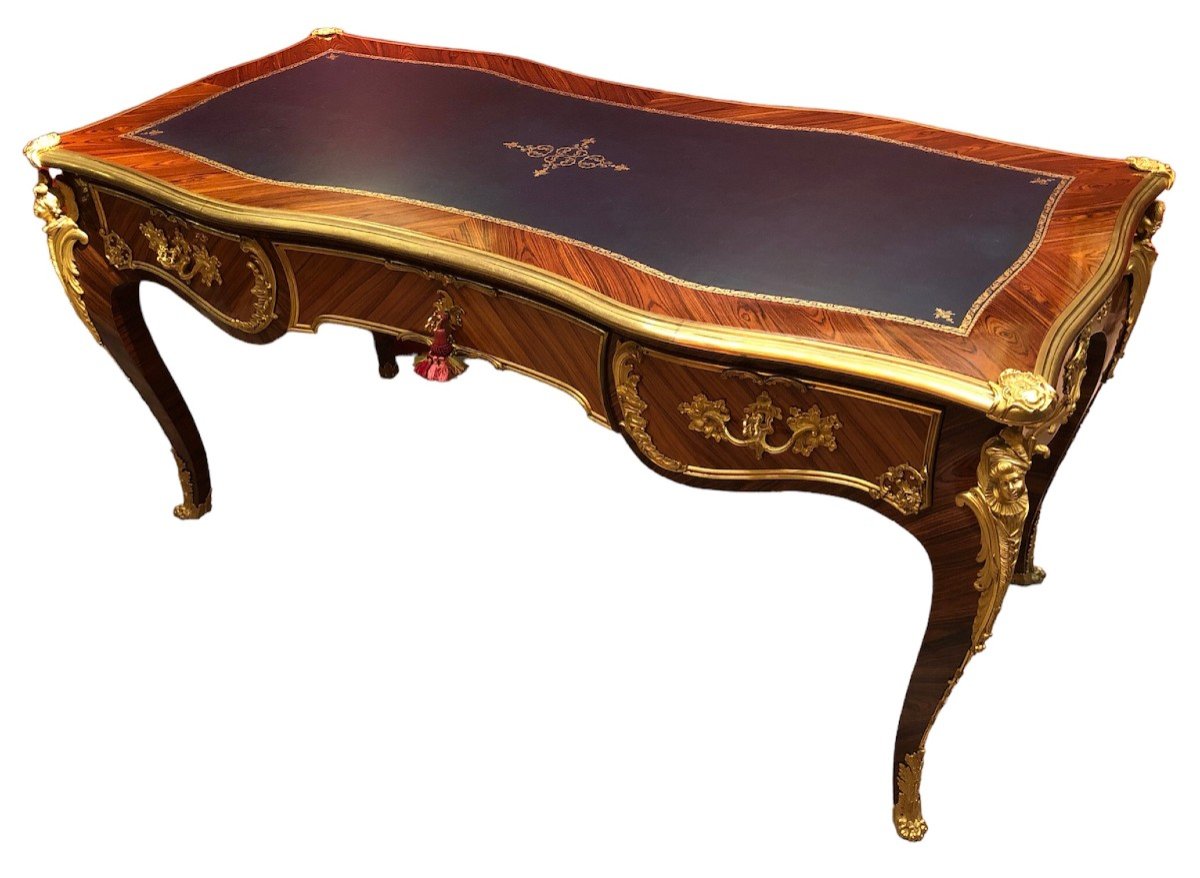 Bureau Plat Signé Dissidi De Style Louis XV Placage De Bois De Rose Bois De Violette 3 Tiroirs-photo-5