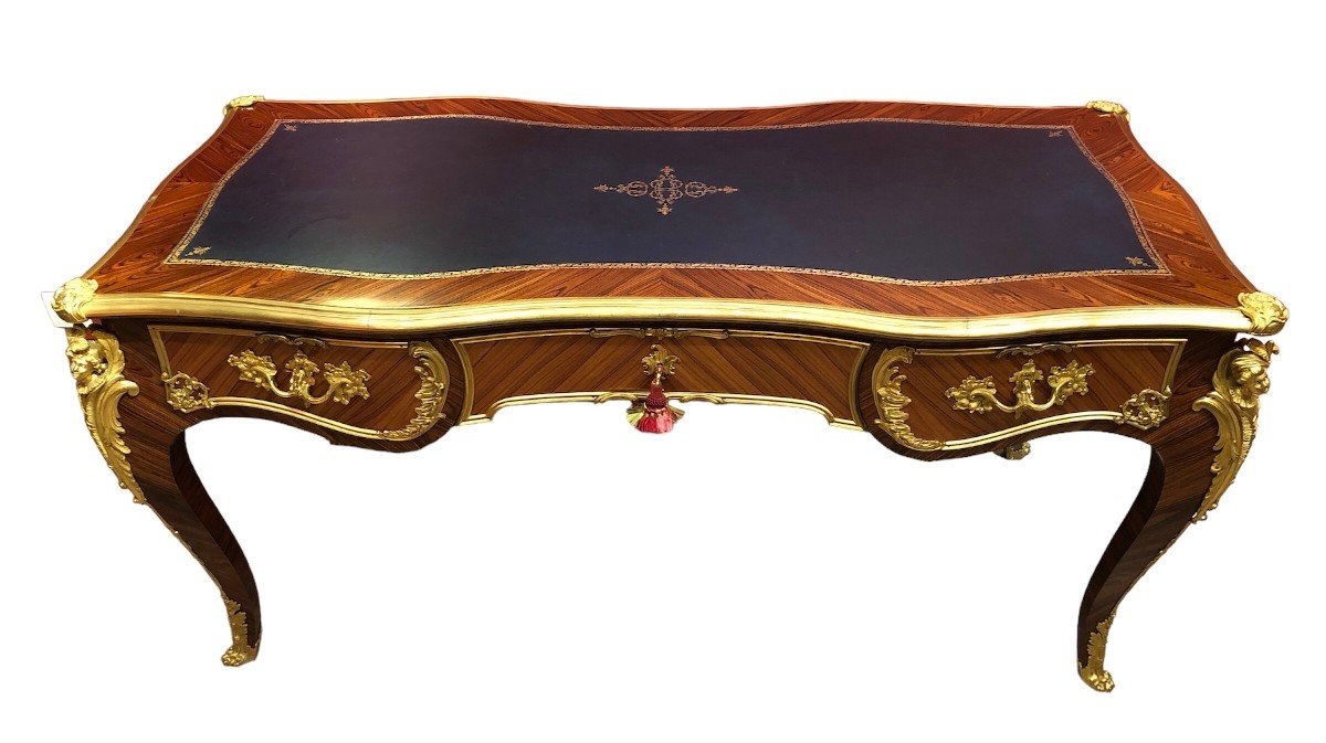 Bureau Plat Signé Dissidi De Style Louis XV Placage De Bois De Rose Bois De Violette 3 Tiroirs-photo-7