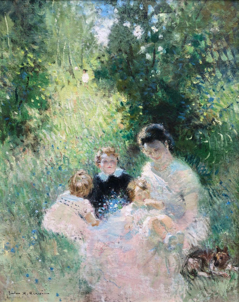 Herve Jules Impressionist Painting 20th Century Afternoon Family Oil Canvas Signed Certificate-photo-2