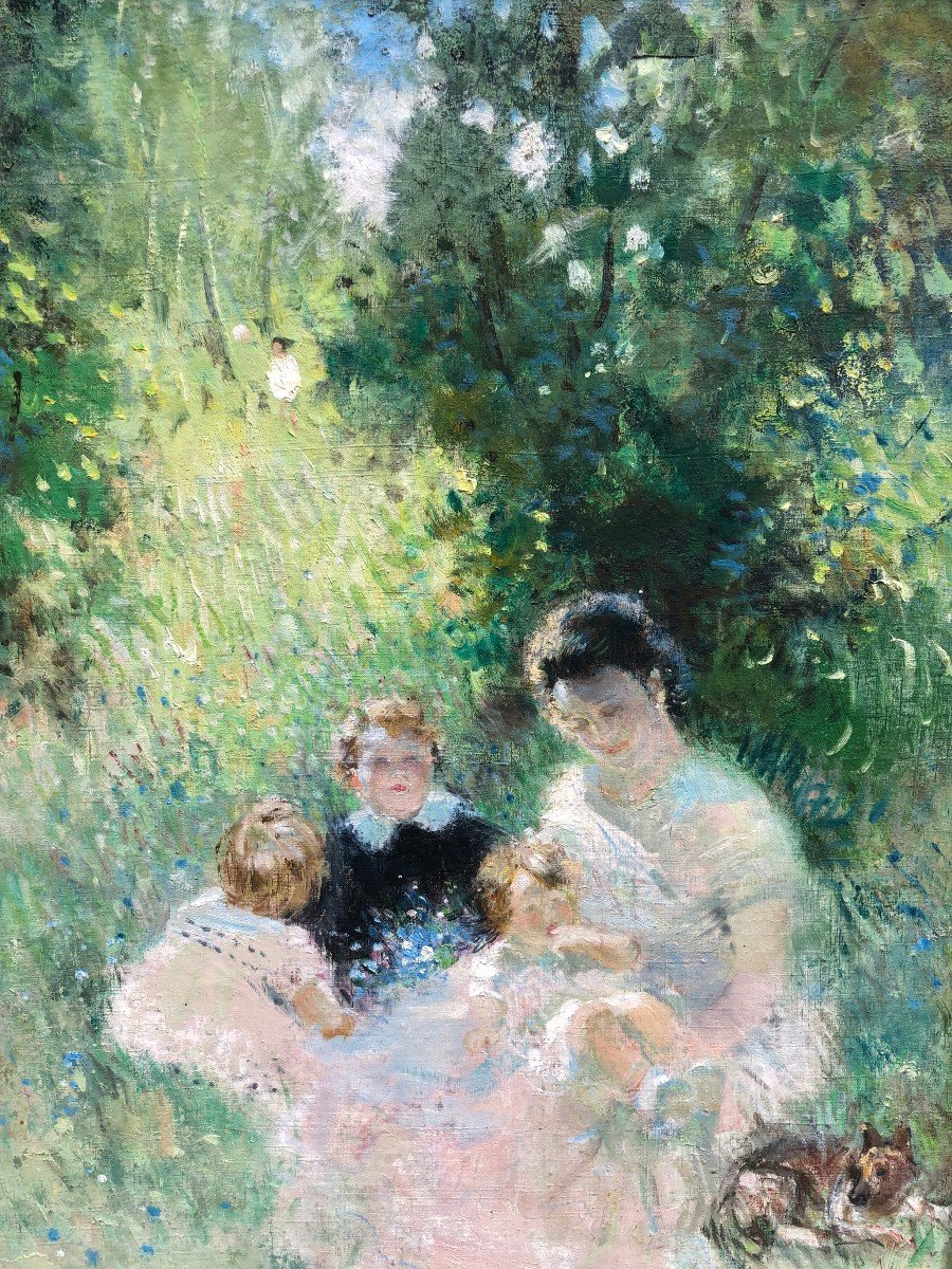 Herve Jules Impressionist Painting 20th Century Afternoon Family Oil Canvas Signed Certificate-photo-4