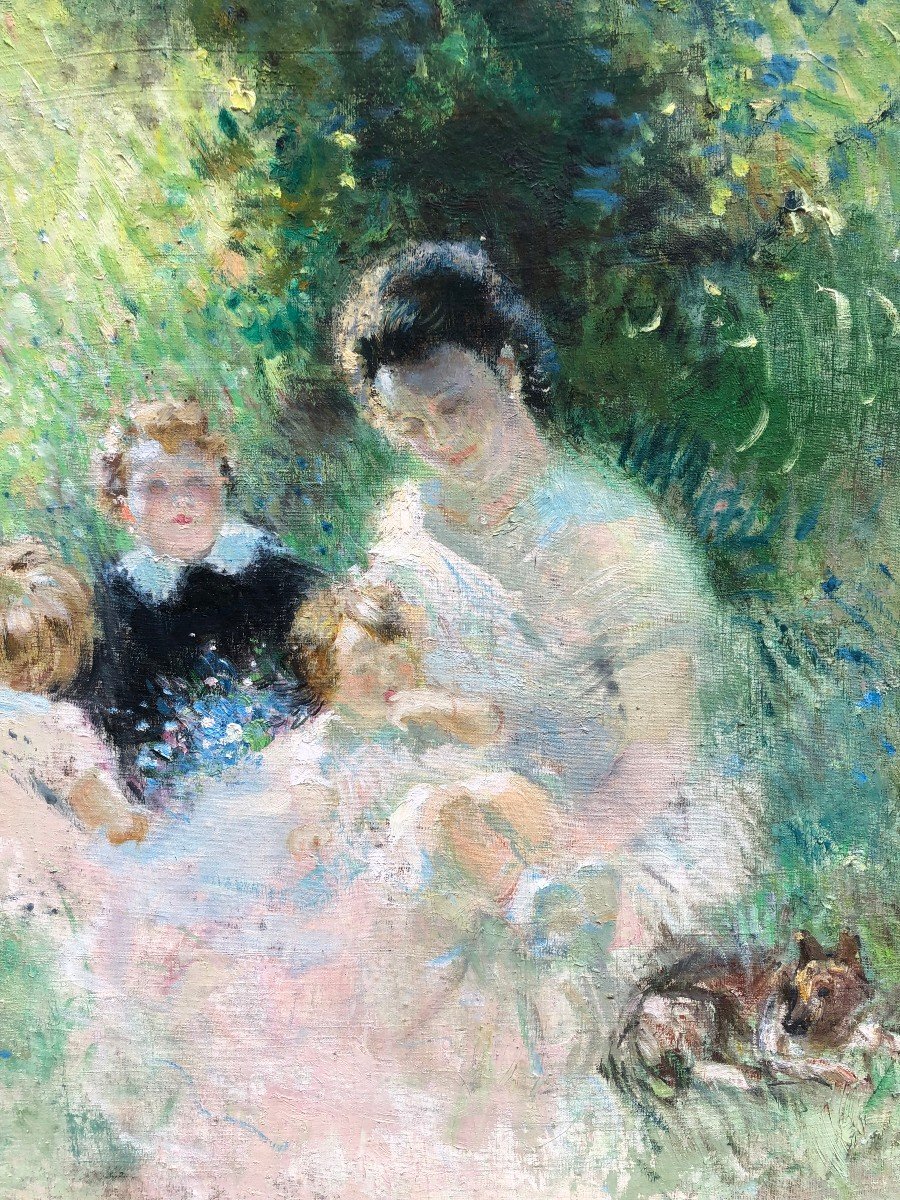 Herve Jules Impressionist Painting 20th Century Afternoon Family Oil Canvas Signed Certificate-photo-2