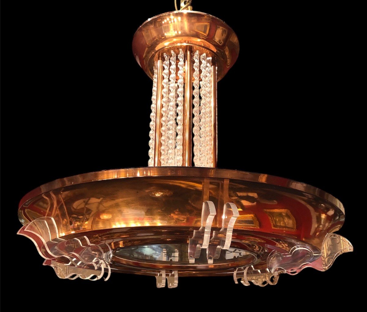 Art Deco Chandelier In Copper Metal Pendants 6 Lights 1950s-photo-2