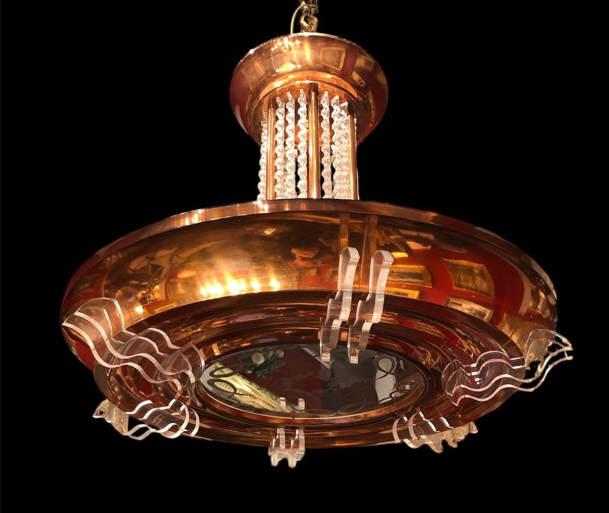 Art Deco Chandelier In Copper Metal Pendants 6 Lights 1950s-photo-3