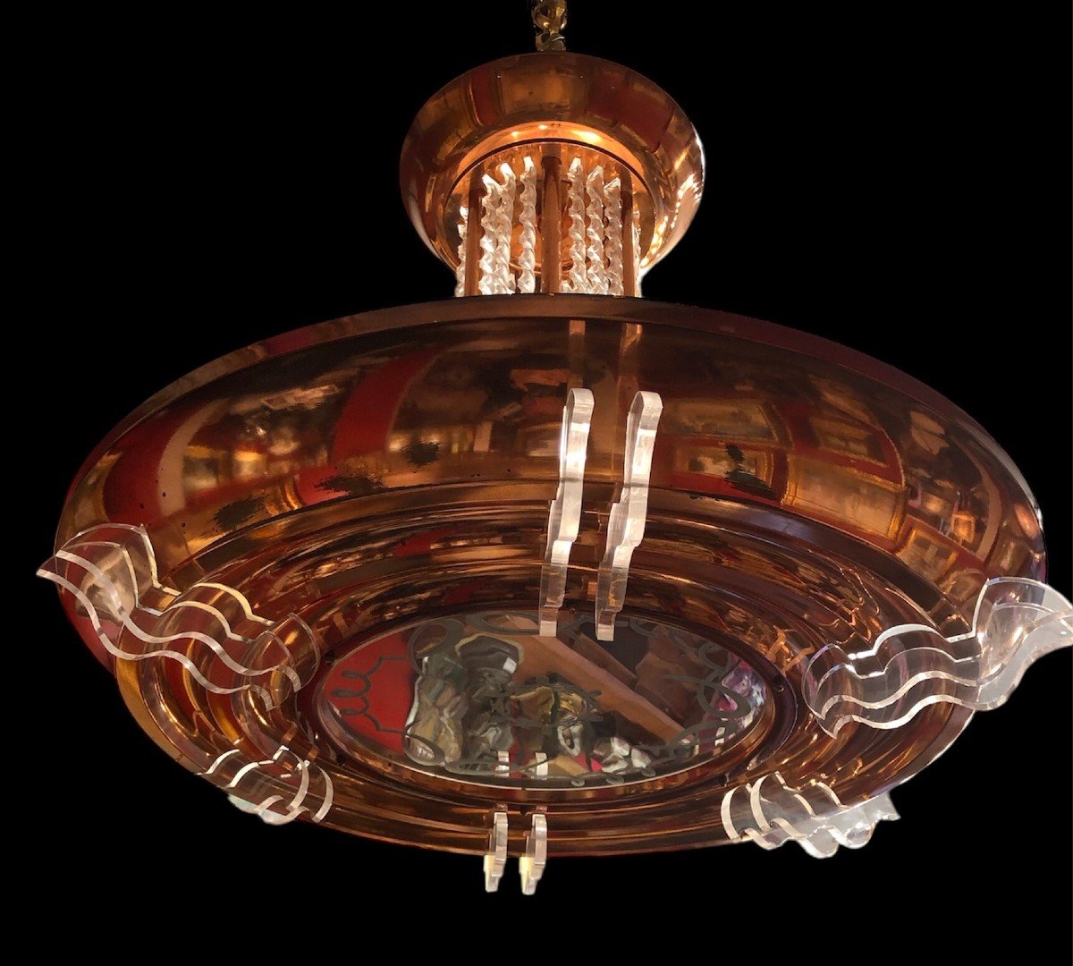 Art Deco Chandelier In Copper Metal Pendants 6 Lights 1950s-photo-4