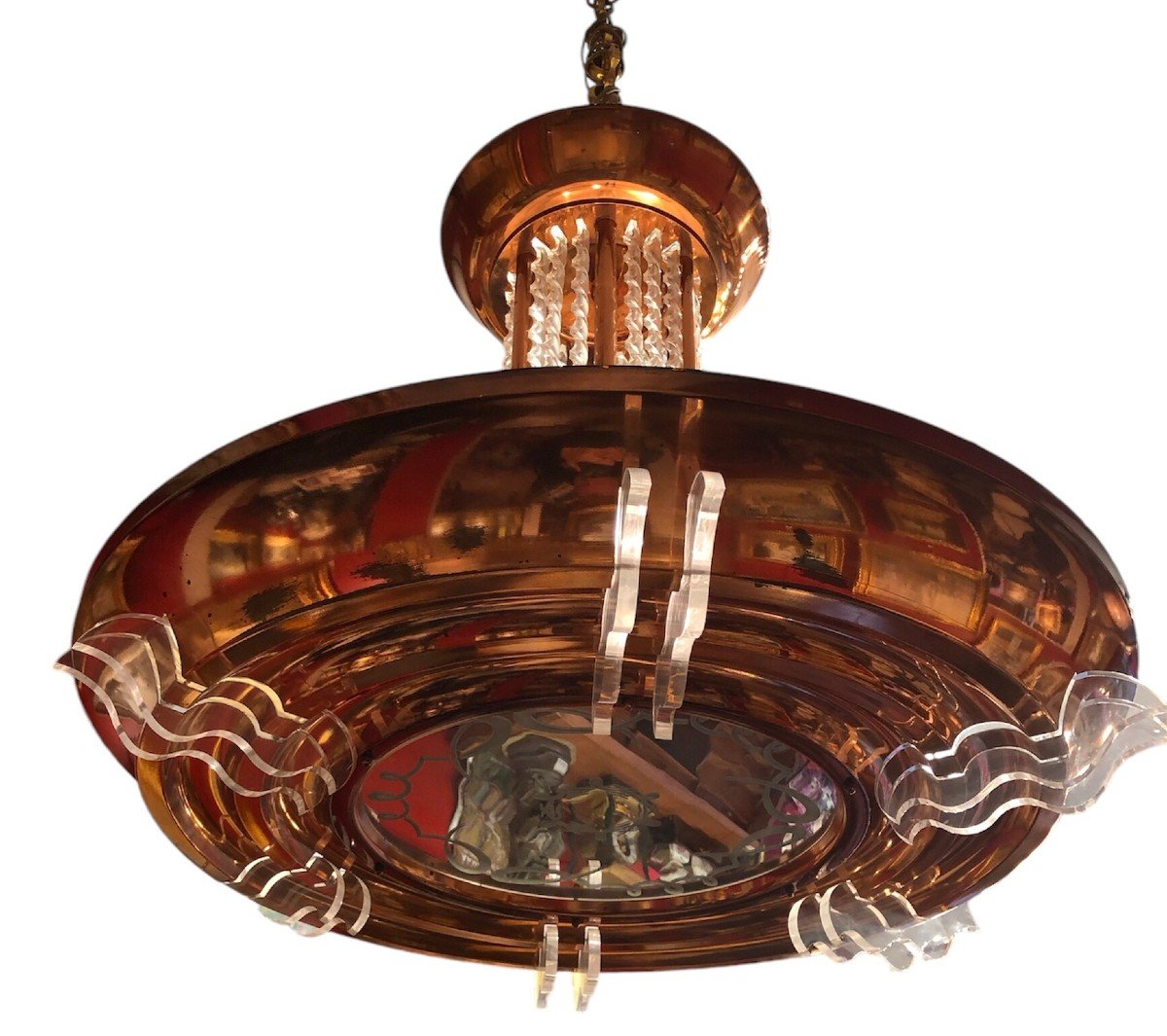 Art Deco Chandelier In Copper Metal Pendants 6 Lights 1950s-photo-5