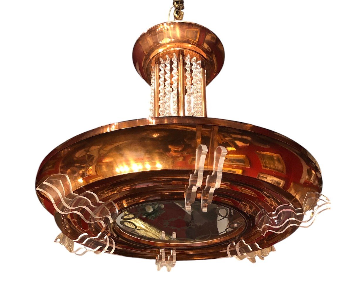 Art Deco Chandelier In Copper Metal Pendants 6 Lights 1950s