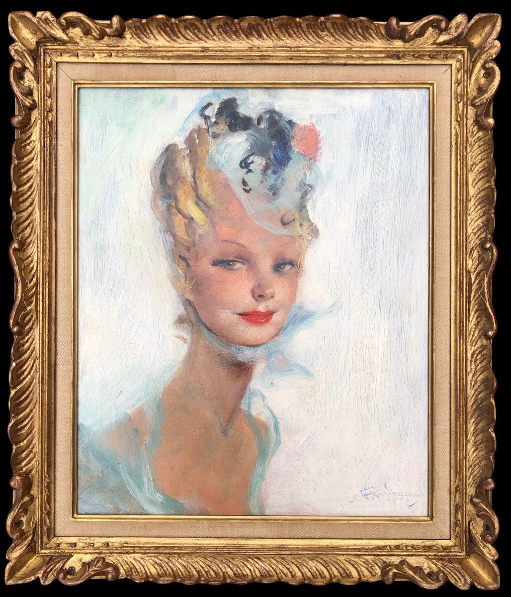 Domergue Jean Gabriel Peinture Française 20è Portrait D’une élégante Huile Signée Certificat