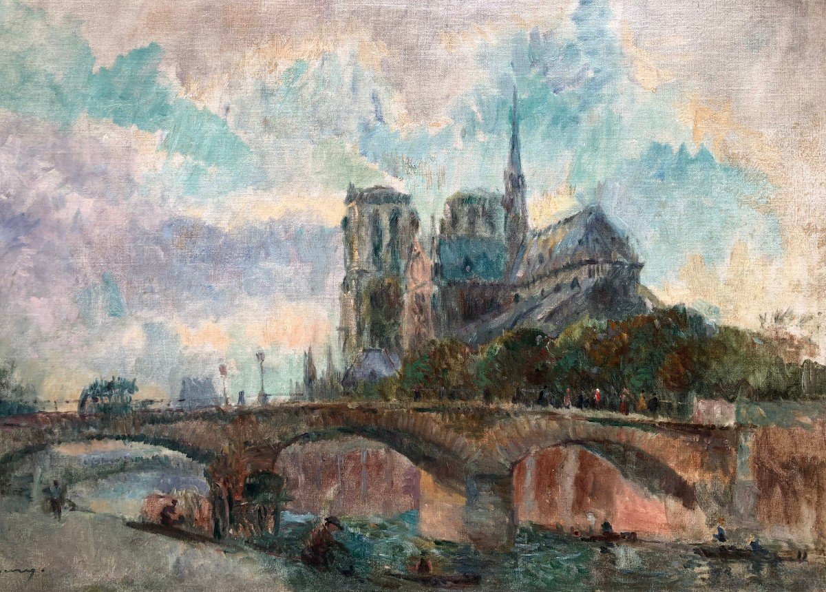 Lebourg Albert Notre Dame De Paris Vue Du Quai De La Tournelle En Automne Huile Toile Signée-photo-1