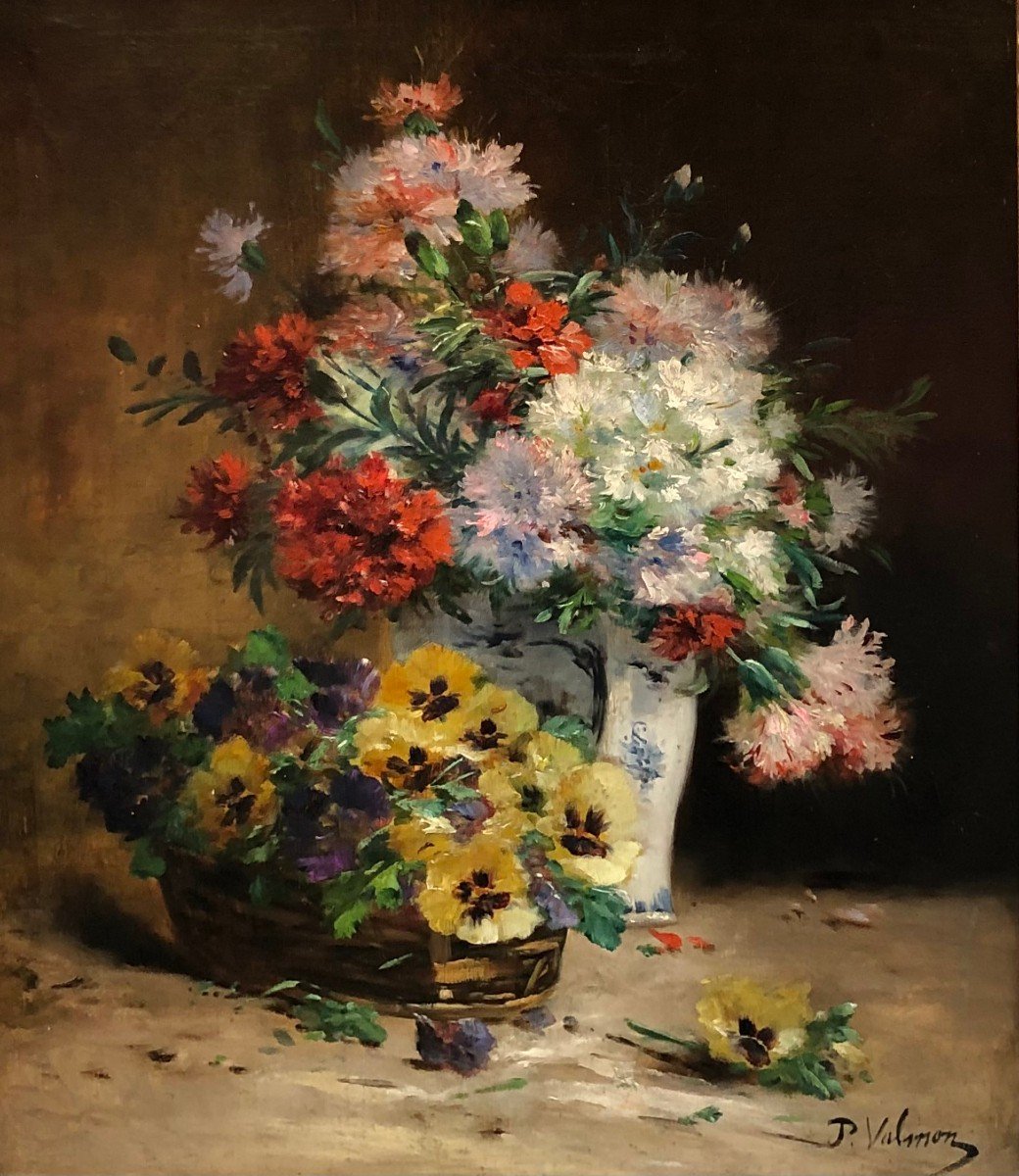 Cauchoix Eugène Bouquet Of Carnations Basket Of Thoughts Oil Canvas Signed Certificate Of Authenticity-photo-2