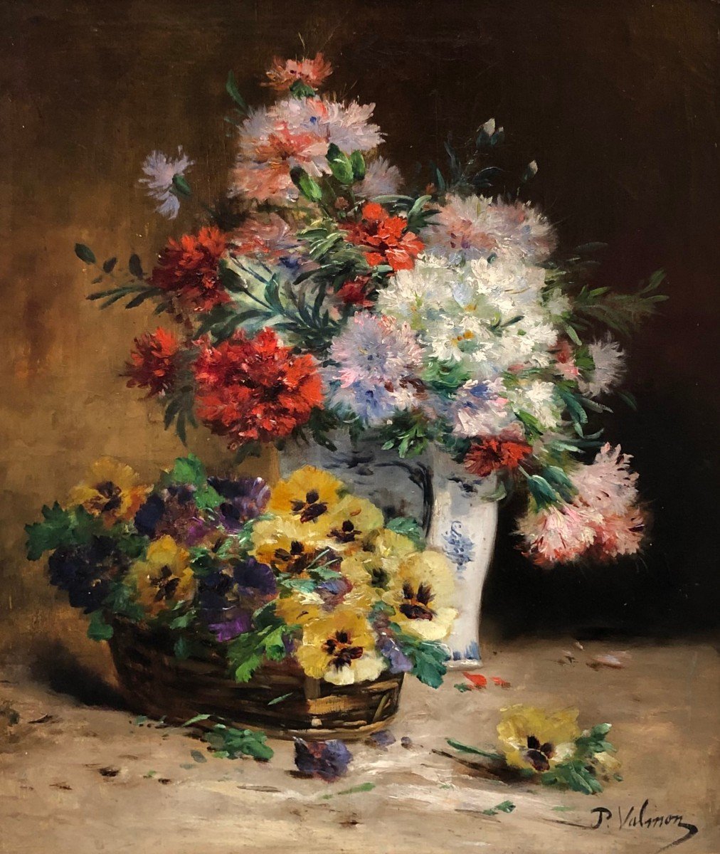 Cauchoix Eugène Bouquet Of Carnations Basket Of Thoughts Oil Canvas Signed Certificate Of Authenticity-photo-4