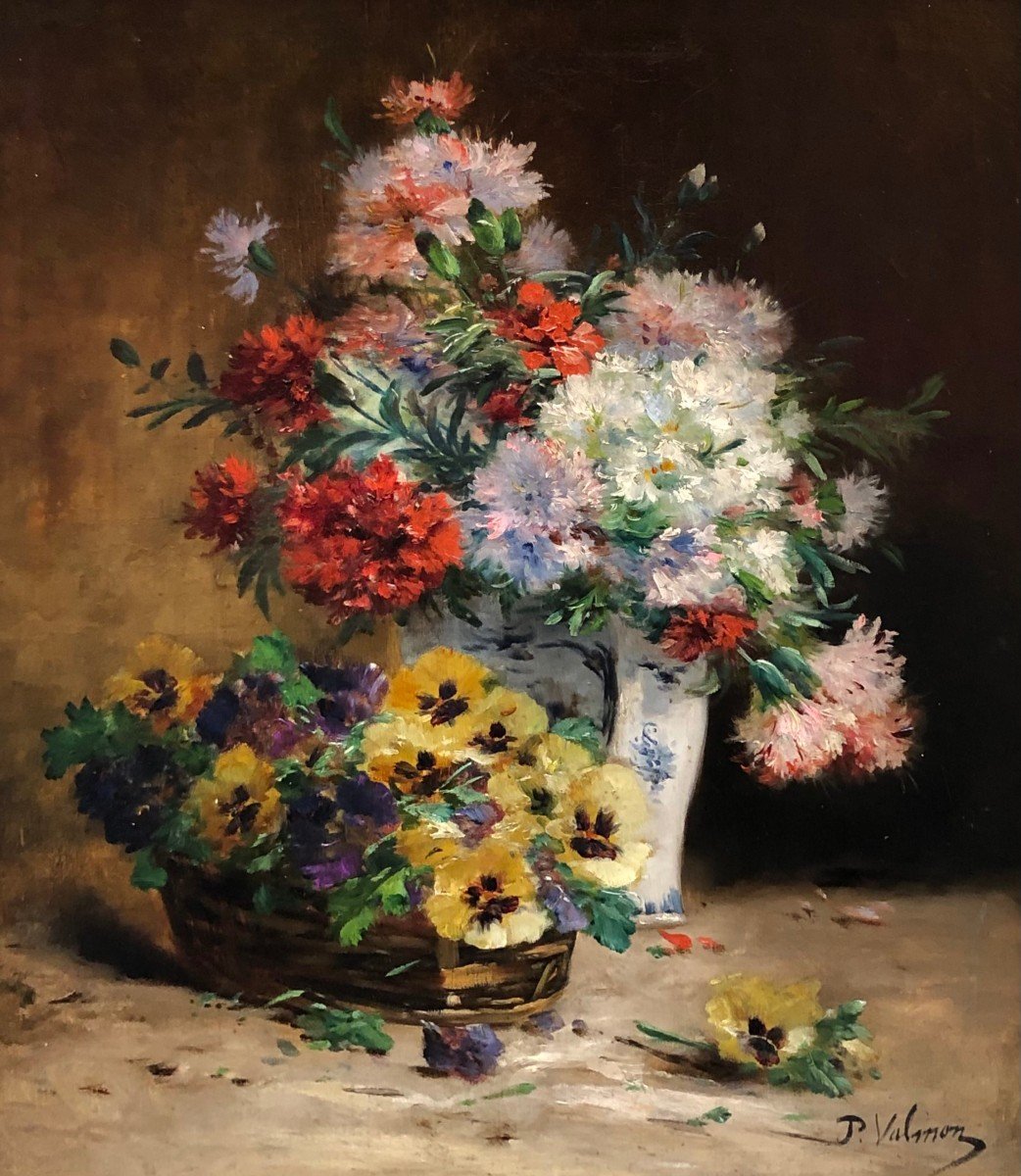 Cauchoix Eugène Bouquet Of Carnations Basket Of Thoughts Oil Canvas Signed Certificate Of Authenticity-photo-1