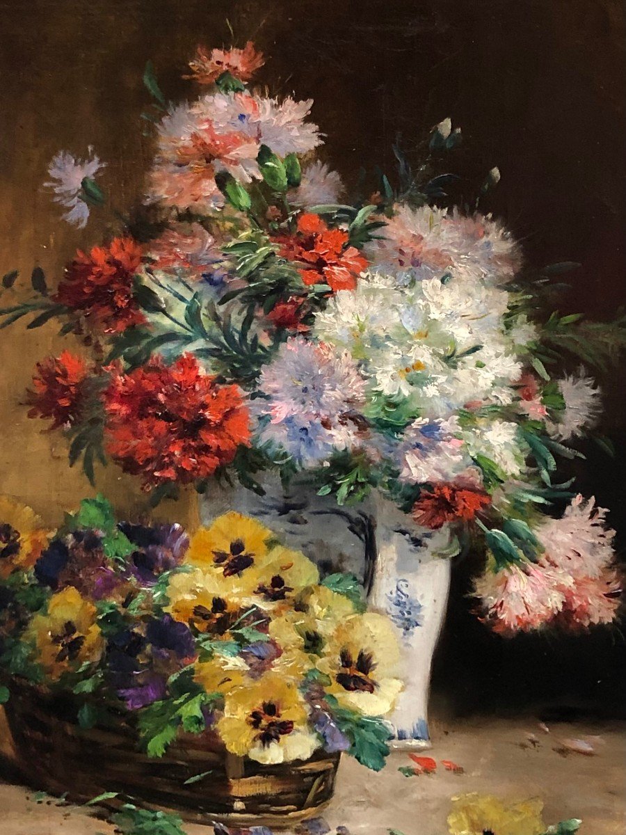 Cauchoix Eugène Bouquet Of Carnations Basket Of Thoughts Oil Canvas Signed Certificate Of Authenticity-photo-2