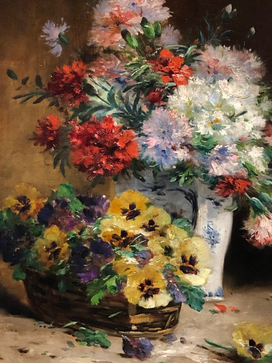 Cauchoix Eugène Bouquet Of Carnations Basket Of Thoughts Oil Canvas Signed Certificate Of Authenticity-photo-3