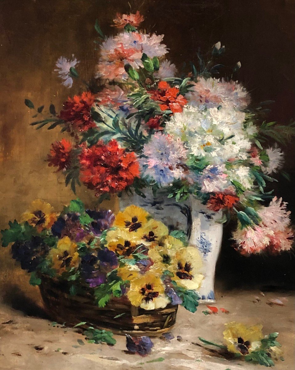 Cauchoix Eugène Bouquet Of Carnations Basket Of Thoughts Oil Canvas Signed Certificate Of Authenticity-photo-5