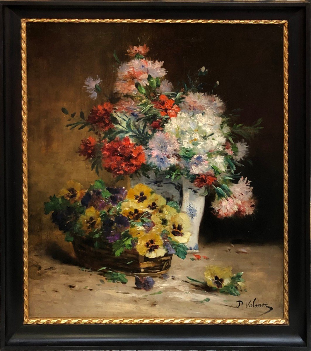 Cauchoix Eugène Bouquet D’oeillets Panier Pensées Huile Toile Signée Certificat D’authenticité