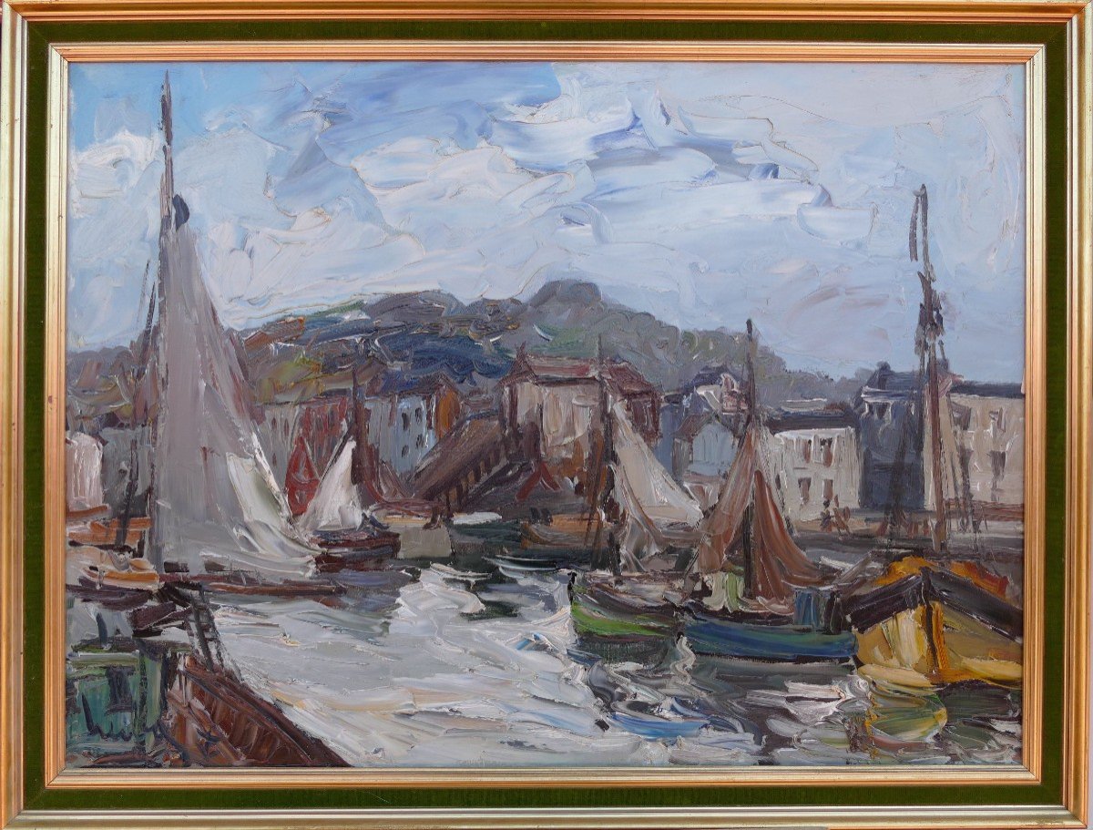 Herbo Fernand Peinture Française XXè Normandie Honfleur Son Port Huile Toile Signée Certificat