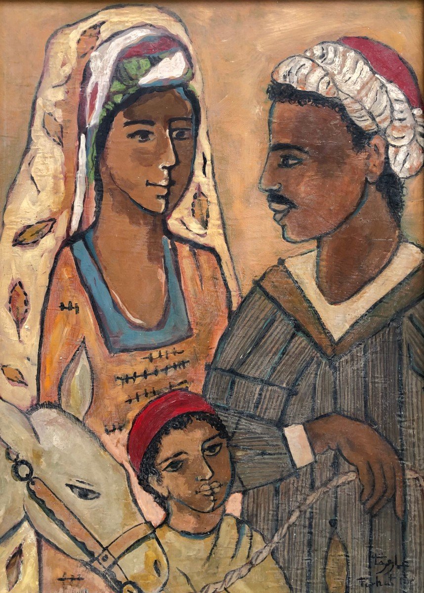 Faraht Ammar Tunisian Family Oil On Panel Signed-photo-2