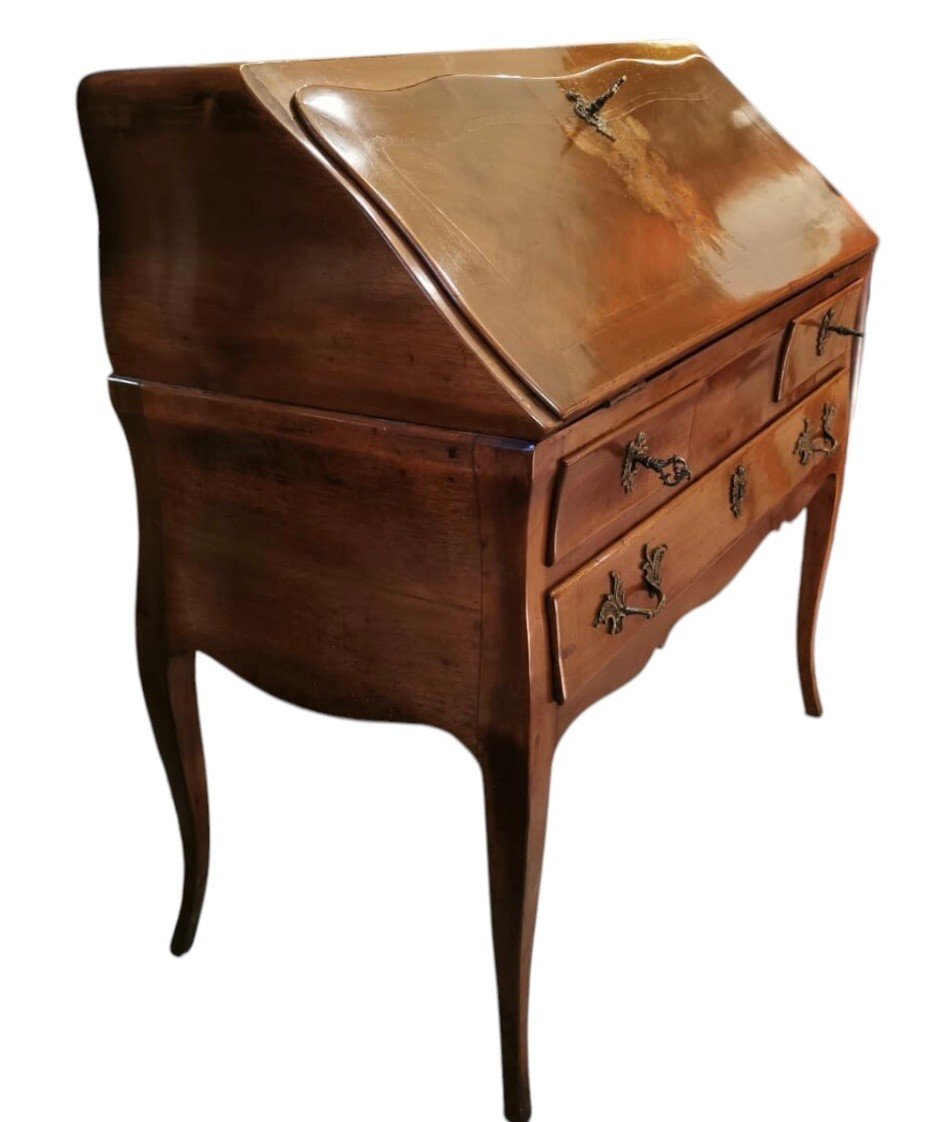 Bureau De Pente époque Louis XV Noyer Et Placage De Bois Fruitier Pieds Cambrés Trois Tiroirs-photo-2