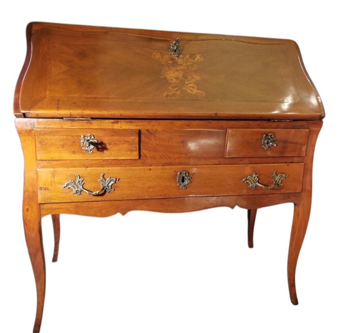 Bureau De Pente époque Louis XV Noyer Et Placage De Bois Fruitier Pieds Cambrés Trois Tiroirs-photo-3