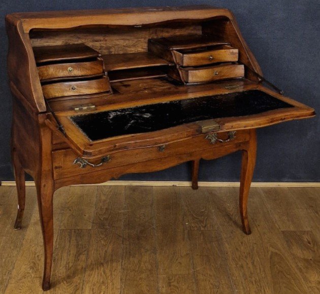 Bureau De Pente époque Louis XV Noyer Et Placage De Bois Fruitier Pieds Cambrés Trois Tiroirs-photo-4