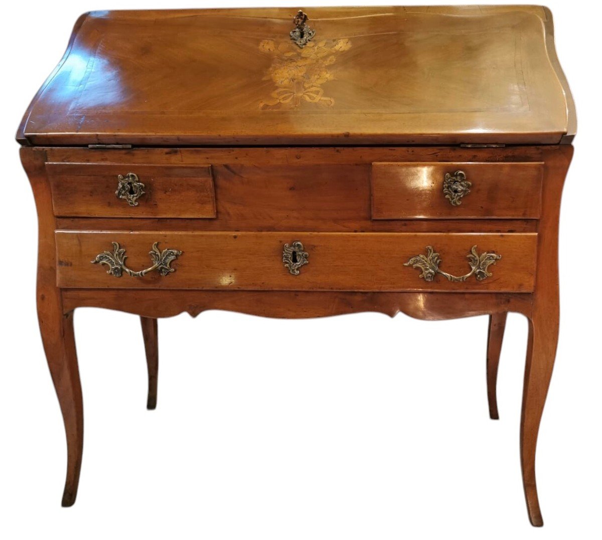 Bureau De Pente époque Louis XV Noyer Et Placage De Bois Fruitier Pieds Cambrés Trois Tiroirs-photo-1