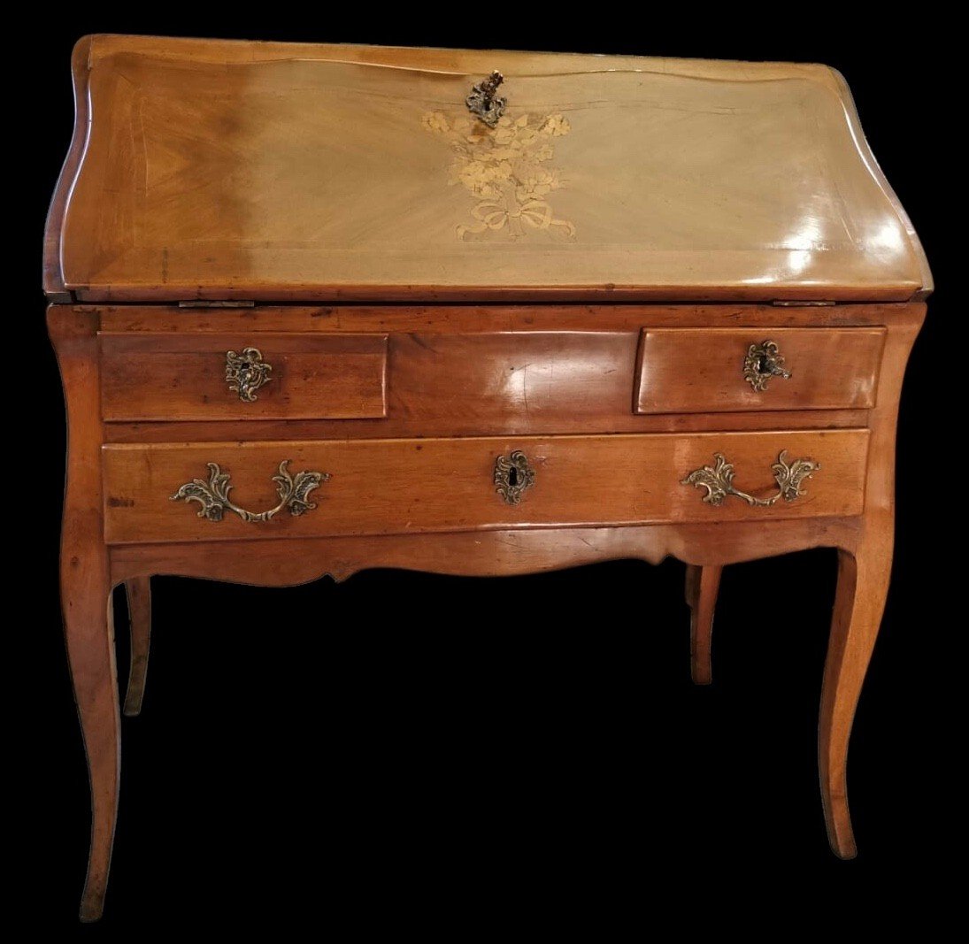 Bureau De Pente époque Louis XV Noyer Et Placage De Bois Fruitier Pieds Cambrés Trois Tiroirs-photo-2