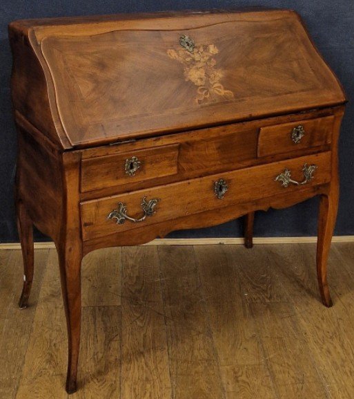 Bureau De Pente époque Louis XV Noyer Et Placage De Bois Fruitier Pieds Cambrés Trois Tiroirs-photo-3