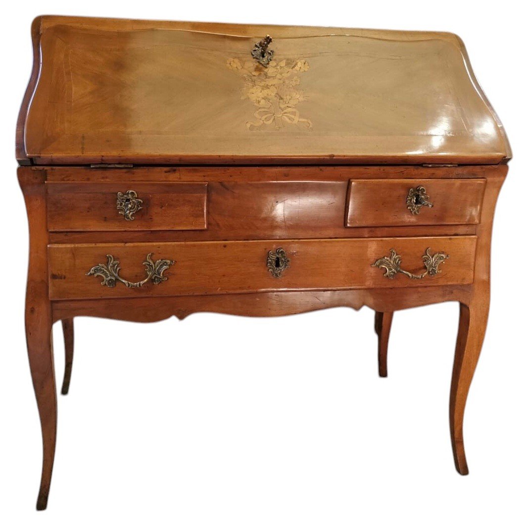 Bureau De Pente époque Louis XV Noyer Et Placage De Bois Fruitier Pieds Cambrés Trois Tiroirs