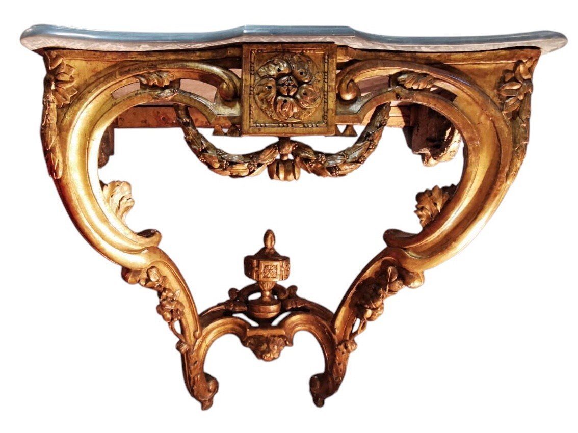 Console D’applique époque Transition Louis XV/louis XVI Bois Sculpté Doré Dessus De Marbre -photo-2