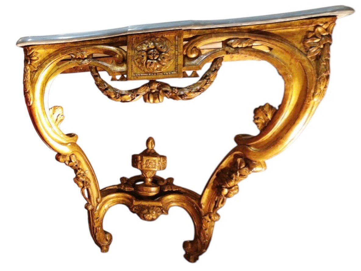 Console D’applique époque Transition Louis XV/louis XVI Bois Sculpté Doré Dessus De Marbre -photo-4