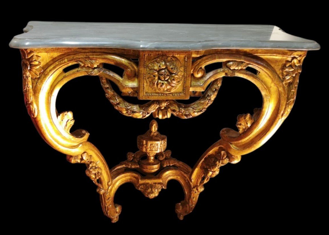 Console D’applique époque Transition Louis XV/louis XVI Bois Sculpté Doré Dessus De Marbre -photo-1