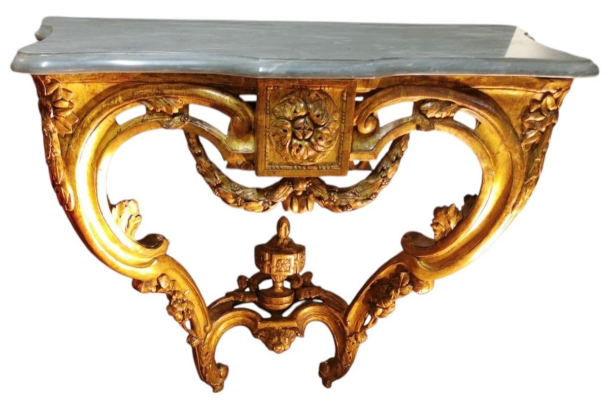 Console D’applique époque Transition Louis XV/louis XVI Bois Sculpté Doré Dessus De Marbre 