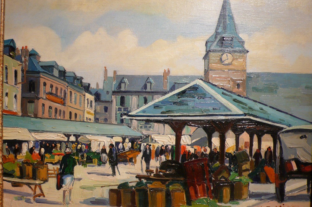 Vigon Louis Painting 20th School Of Rouen Market Square Villers Sur Mer Oil Signed Certificate-photo-2