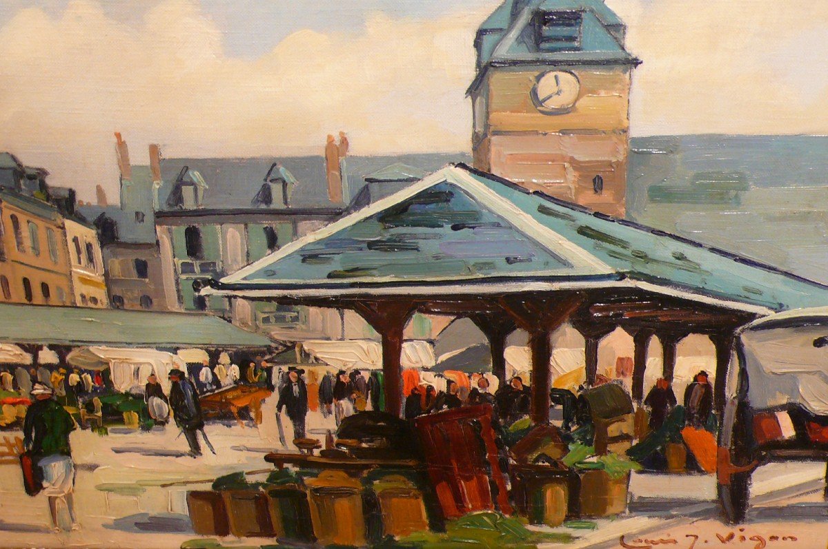 Vigon Louis Painting 20th School Of Rouen Market Square Villers Sur Mer Oil Signed Certificate-photo-3